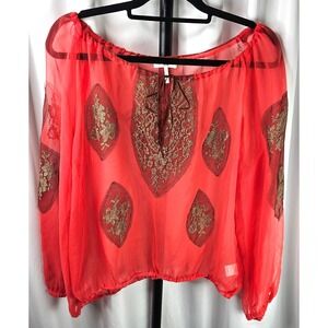 METRO 7 Romantic Boho Red/Coral Gold Lace Sheer Blouse with Leather Tie Size XL